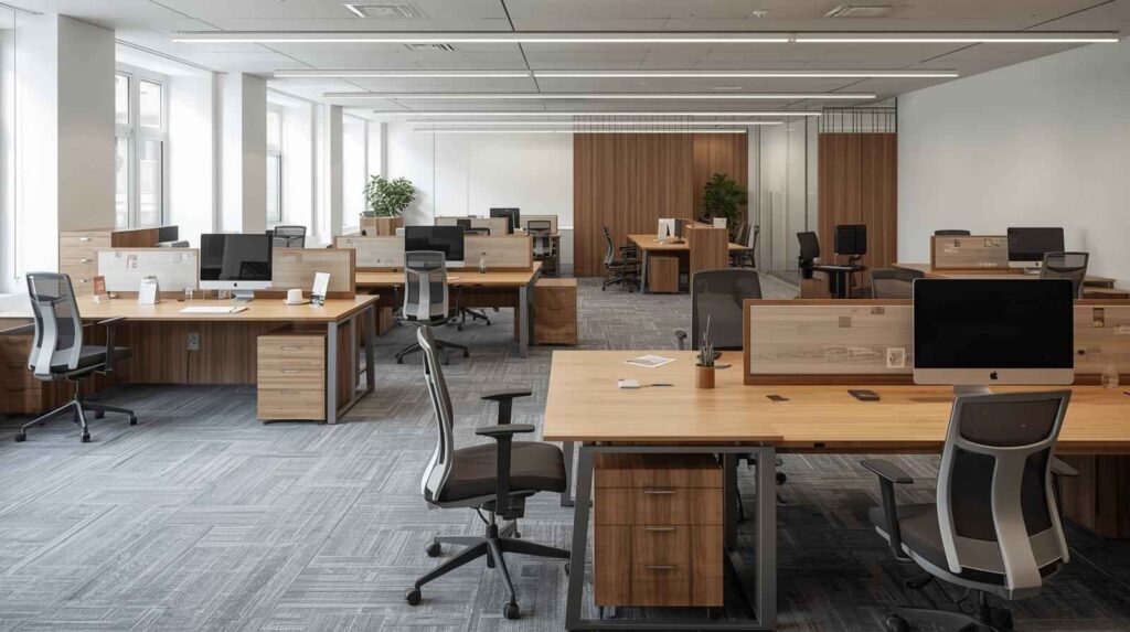 Oficina multipuesto con mobiliario moderno hecho en madera, a medida, con sillas, mesas, ordenadores.