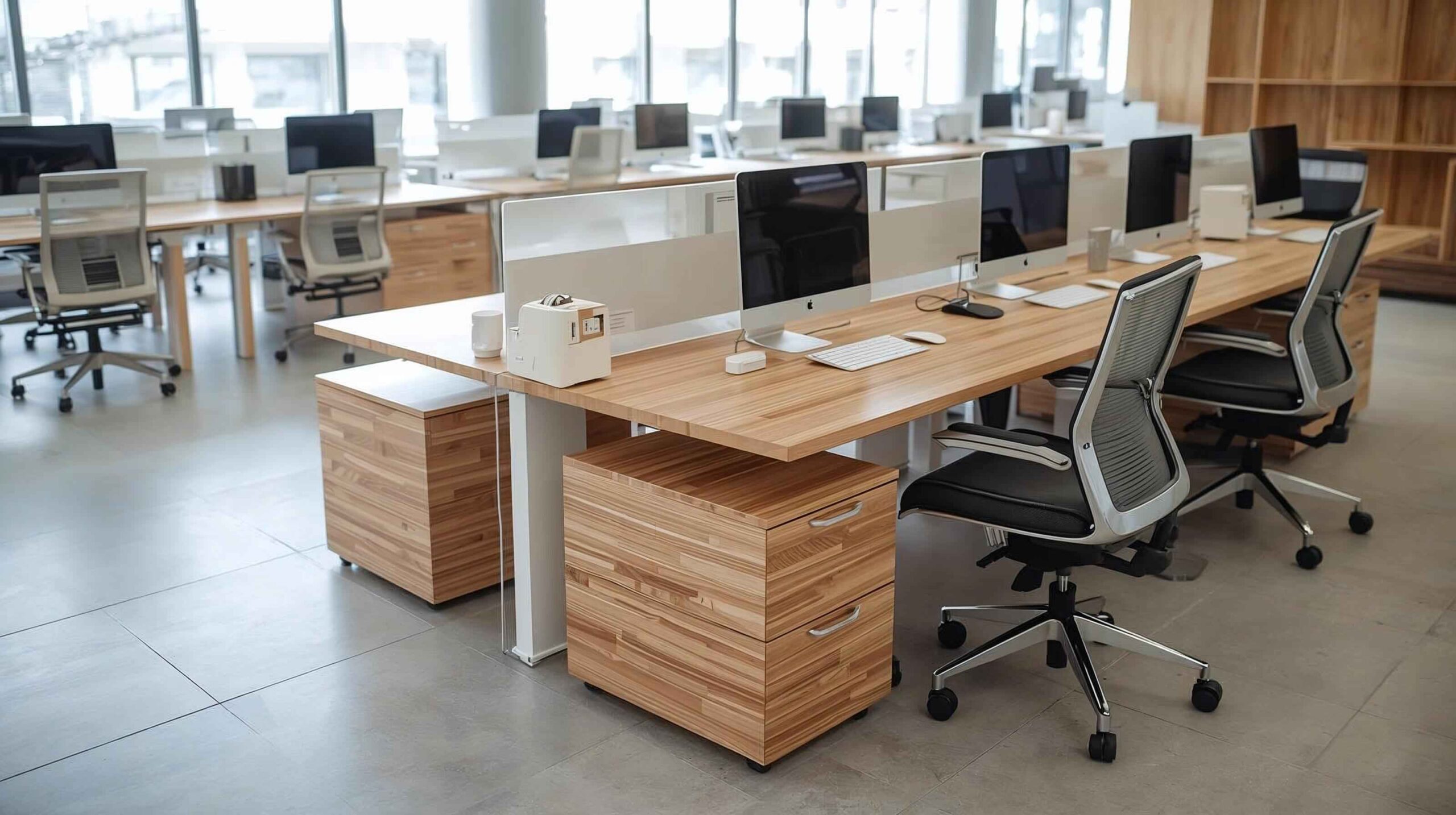 Oficina multipuesto con mobiliario moderno hecho en madera a medida con sillas, mesas, y ordenadores.