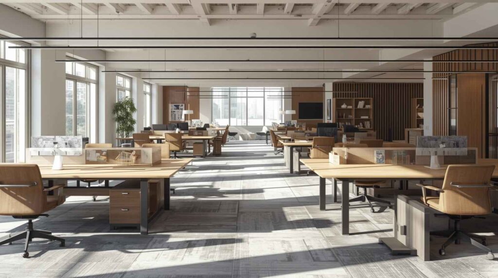 Oficina multipuesto con mobiliario moderno hecho en madera, a medida, con sillas, mesas, ordenadores.